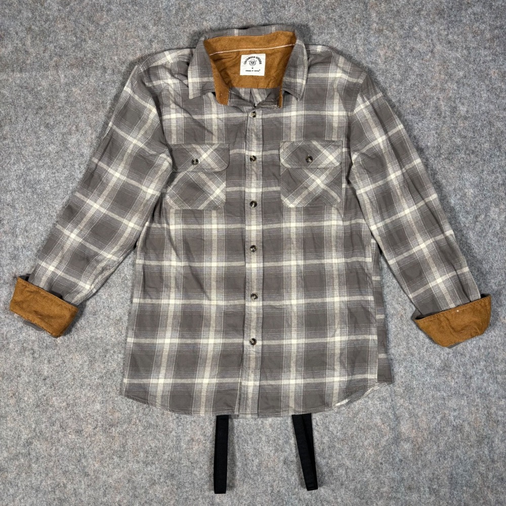Dubinik Flannel Shirt Mens M Corduroy Trim Gray Plaid Button Western Custom Gorp
